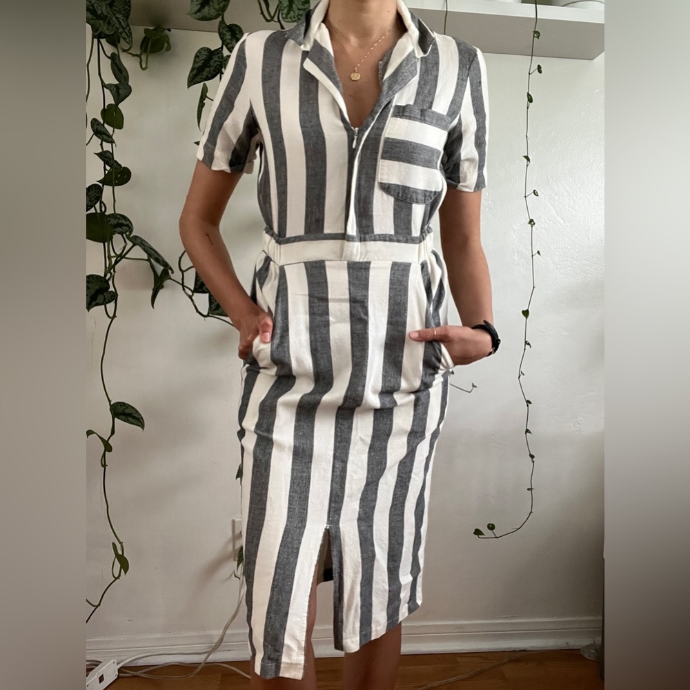 ASOS blue and white striped collared shirt dress with pockets